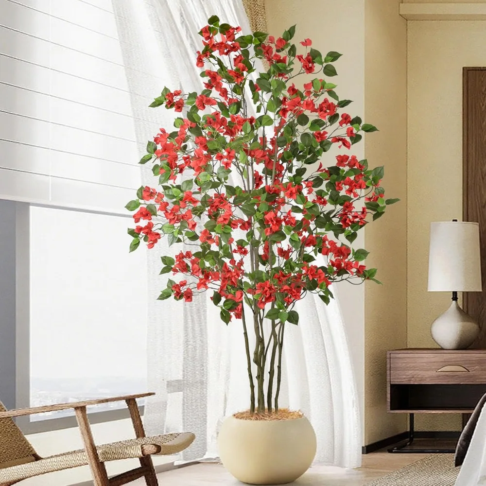 

Red Bougainvillea Tree 6FT with 270 Flowers & White Planter Realistic Tall Large Fake Faux Blooming Flower Plant 72