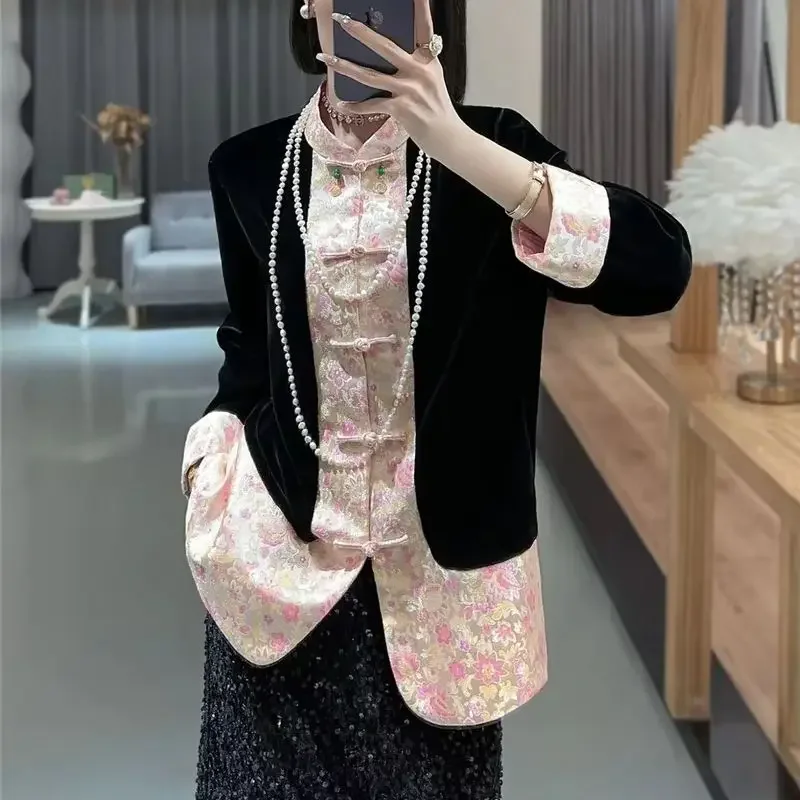 Winter Clothes Women Silk Velvet Patchwork Jacket Woman Brocade Flower Printed Contrasting Coat Loose Buckle Tops