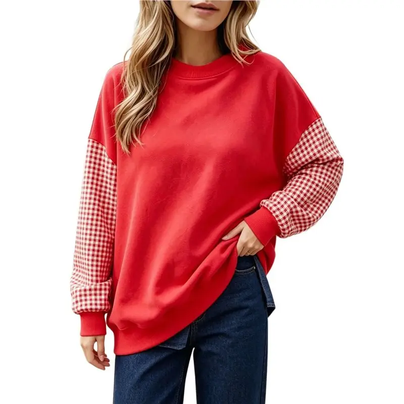 Women's Gingham Patchwork Drop Shoulder Crew Neck Oversized Long Sweatshirt Red S Eco-Friendly
