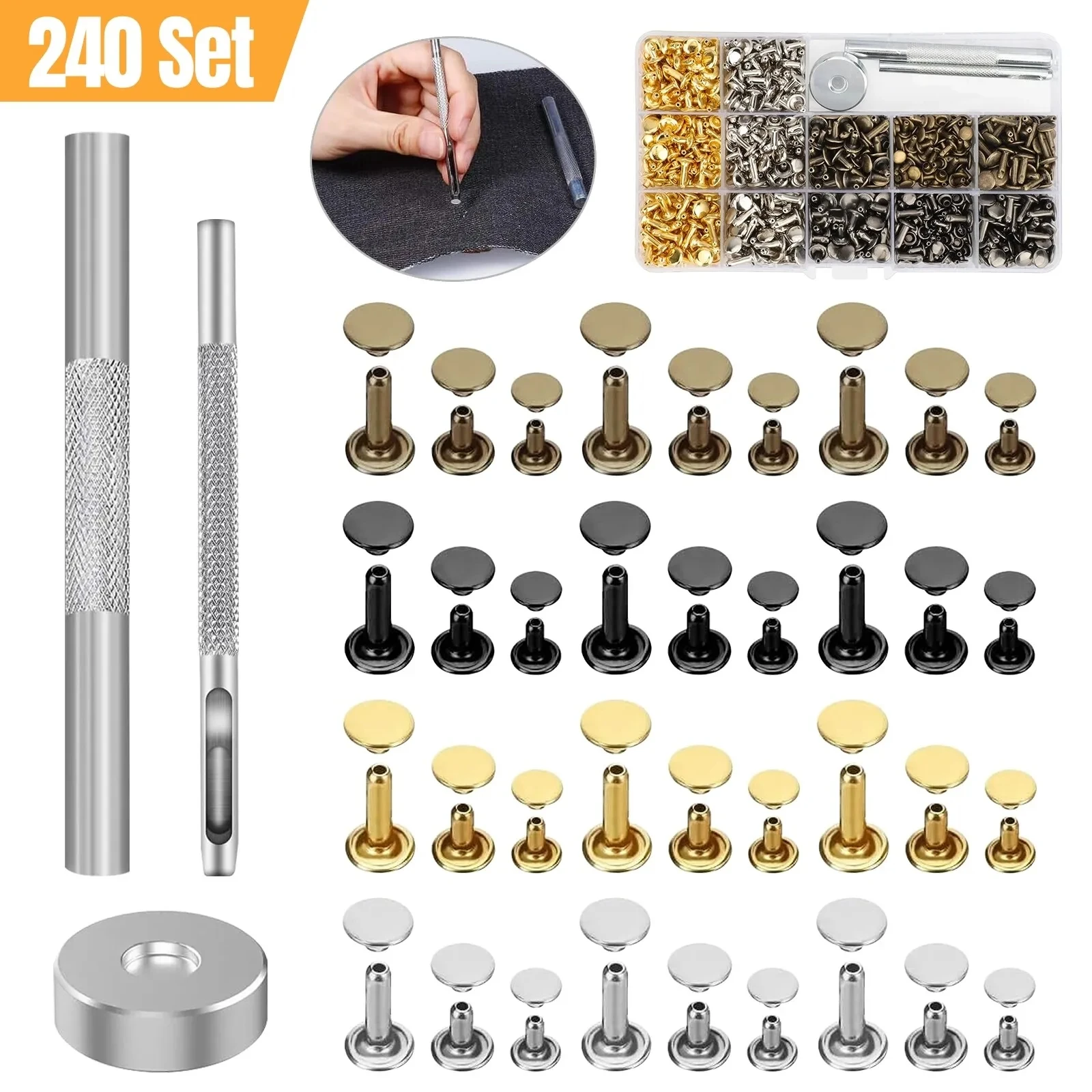 

240Set Leather Rivets 3 Size Double Cap Rivet Tubular Metal Studs With 3Pcs Install Tool Kit For Leather Craft Repair Decoration