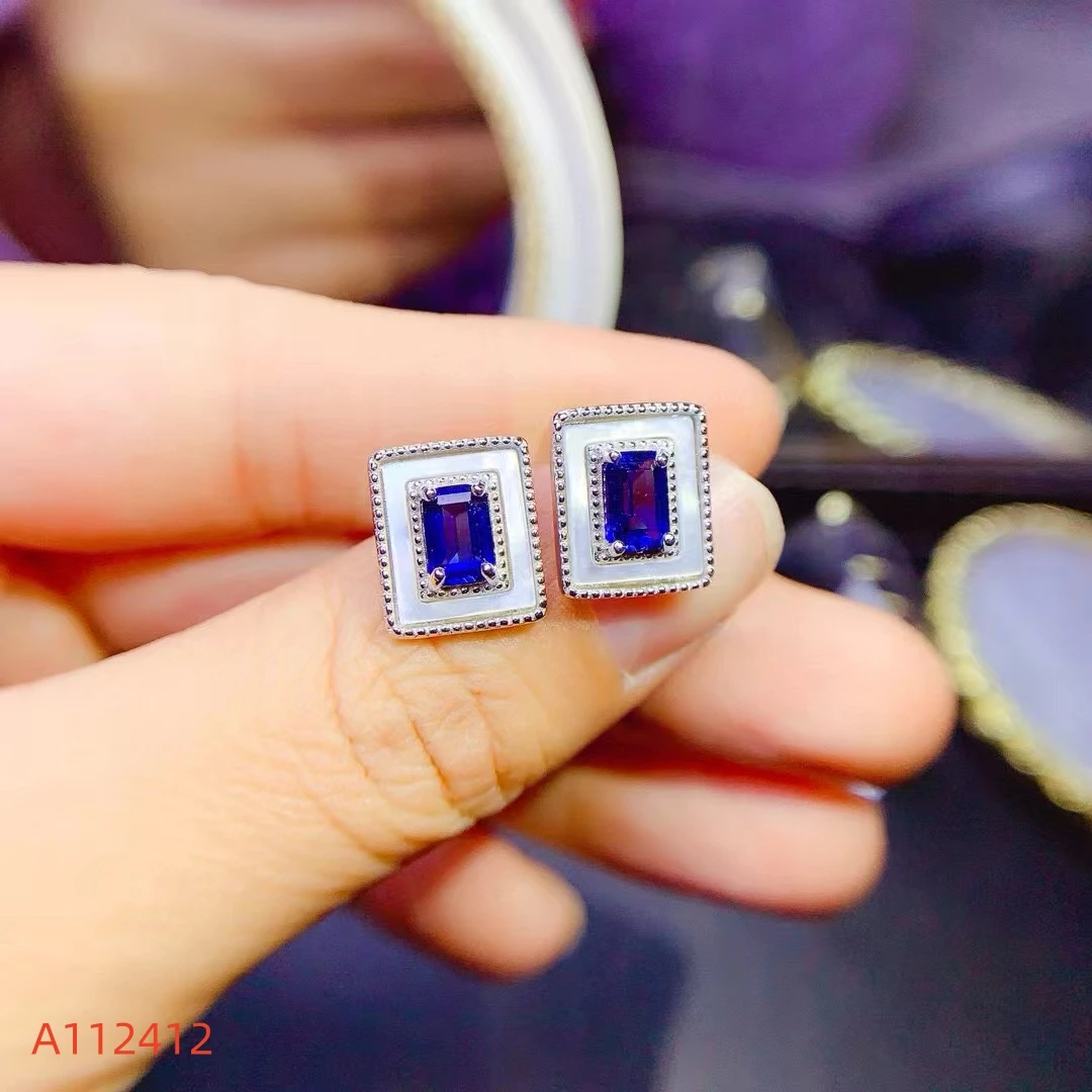 KJJEAXCMY Fine Jewelry Natural Sapphire Women's Earrings S925 Silver Electroplating Process Inlaid Full Clarity Support Testing