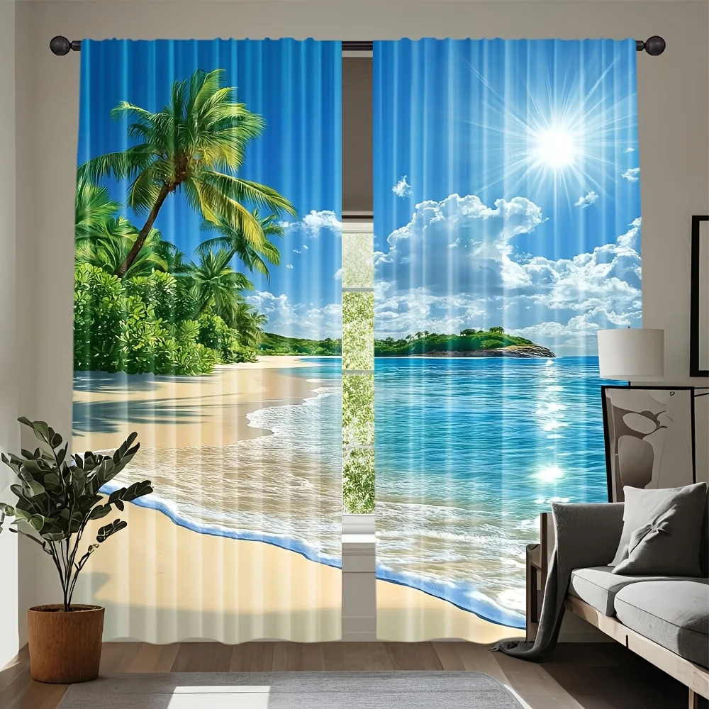2pcs Hawaii Palm Tree Beach Print Curtains, 100% Polyester for Outdoor Decor and Kitchen Study Room Summer Theme
