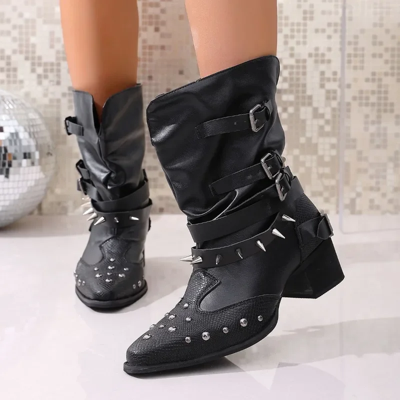 

Knight Boots Fashion Pointed Toe Studded Belt Buckle Non-Slip Wear-Resistant Pleated Block Heel Booties