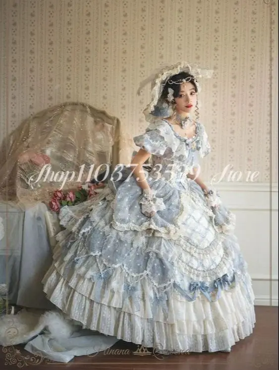 Dreamy Fluffy Victorian Prom Dress Blue White Strapless Lace Applique Corset Pleated Cosplay Halloween Customised فستان سهره