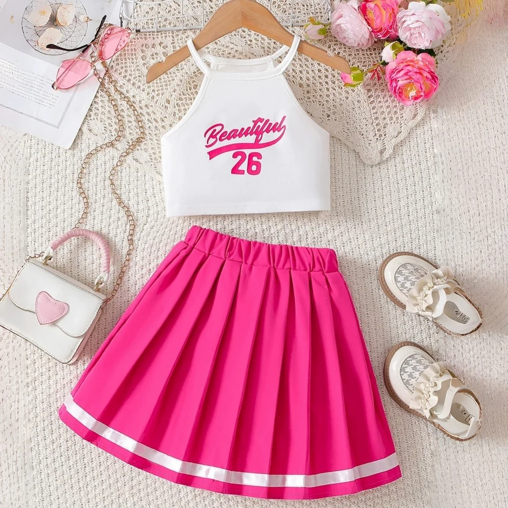 

Girls' 2pcs Set Summer Outfits Sleeveless Top + Skirt Half-Body Dress Casual Outdoor Daily Wear Party Gift Girl Clothing 3 To 10