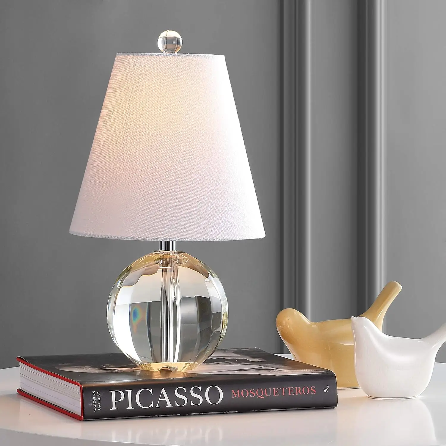 16" Clear Crystal Ball LED Table Lamp, White Modern Bedside Lamp with White Linen Shade, Glam Nightstand Light for Living Room, LED Bulb Included view 2