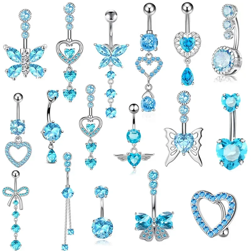 1PCS Blue Crystal Belly Button Rings Stainless Steel Heart Navel Piercing Barbell For Women Butterfly Belly Ring Beach Jewelry