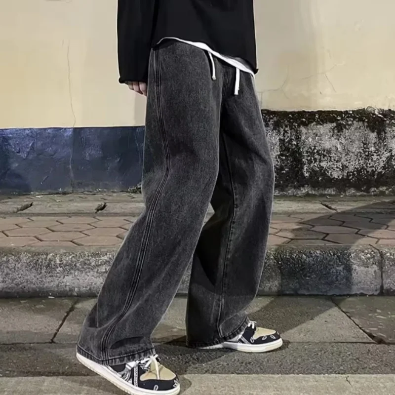 Korean Solid Colors Men's Casual Long Jeans Classic male Four Seasons Straight Denim Wide-leg Pants Light Blue Grey Black S-3XL