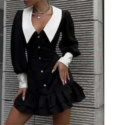 Spring Autumn New Fashion Bubble Long Sleeved Black V Neck Women's Dress Sexy Package Hip Elegant Party Female Dress Short Skirt