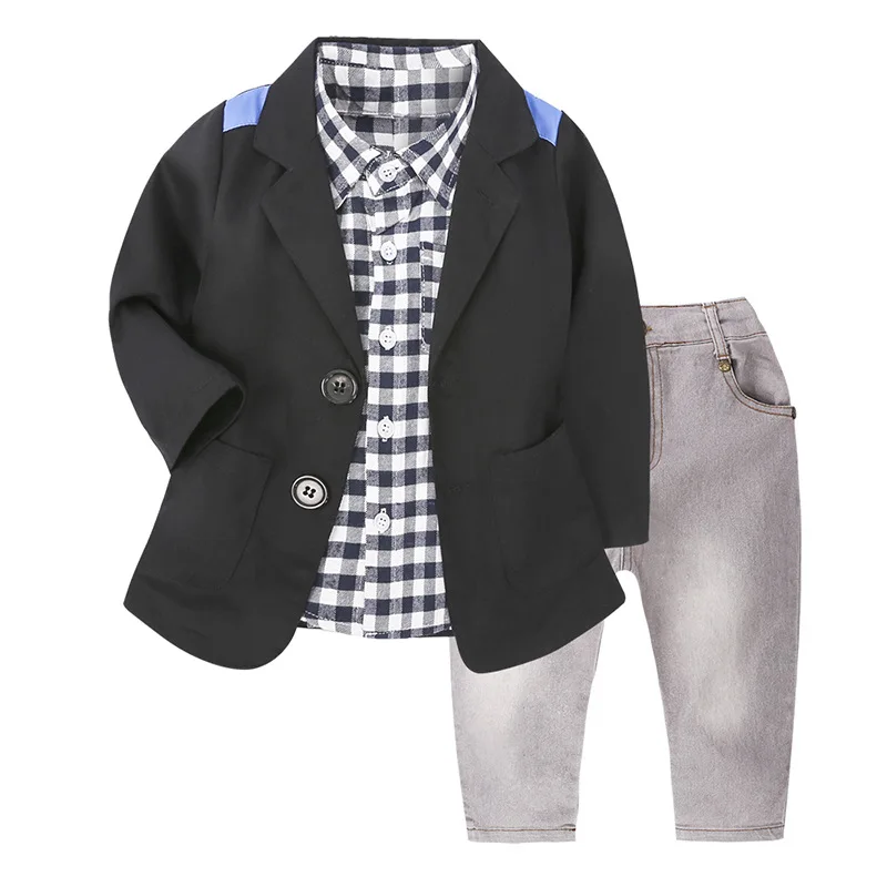 

3Piece Spring Autumn Boys Clothing Korean Fashion Gentleman Plaid Long Sleeve Black Baby Tops+T-shirt+Jeans Children's Sets B234
