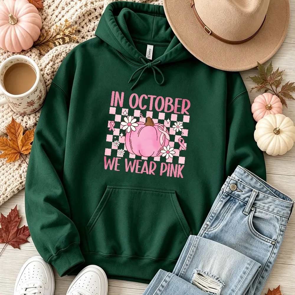 In October We Wear Pink Graphic Hooded Sweatshirt Pink Pumpkin Daisy Checkered Breast Cancer Awareness Autumn Unisex Pullover
