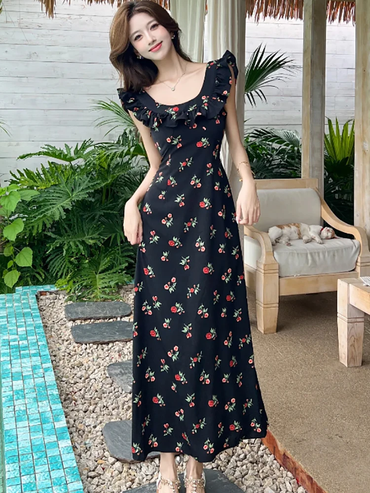 Zomer Zwarte Bloemen Chic Ruches Sling Lange Jurk Vrouwen Koreaanse Vintage Hepburn Jurk 2025, Elegante Bodycon Luxe Avondjurken