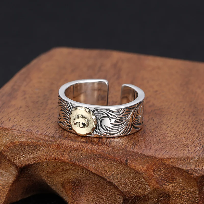 WholeSale S925 Sterling Silver jewelry thai Silver faShion men'S perSonalized tangca pattern ring Small eagle open ring view 3