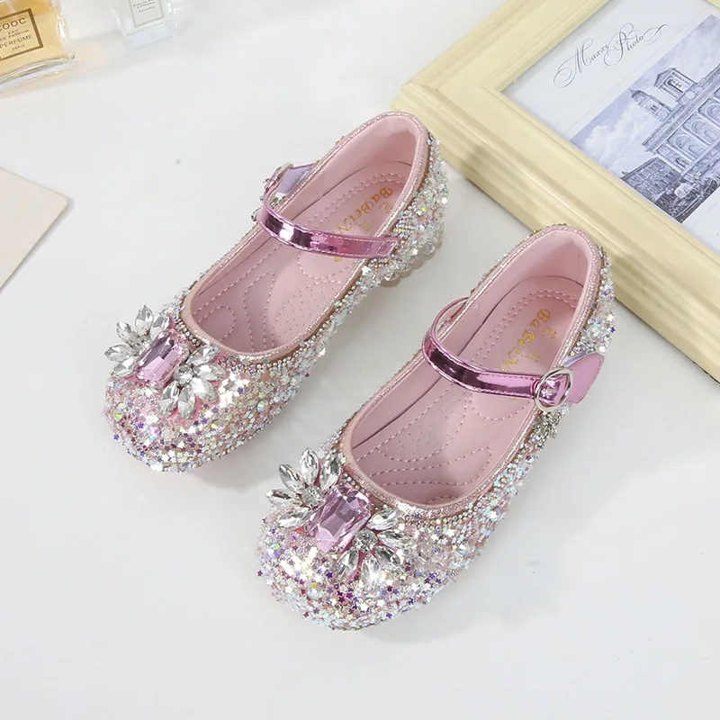 Girls Leather Shoes Fashion Flat Child New Sequin Flash Single Shoes Little Kids Crystal Princess Footwear Wedding Party Shoes