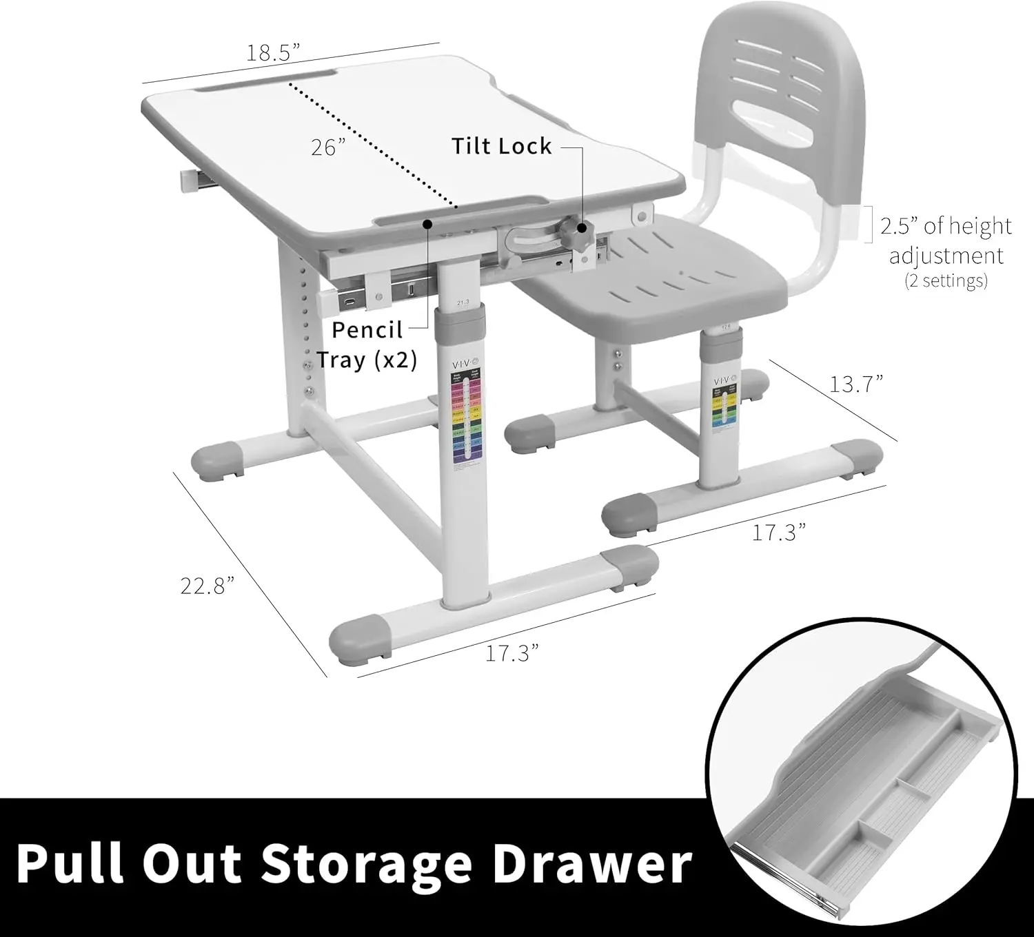 Gray Height Adjustable Childrens Desk and Chair Set | Kids Interactive Workstation