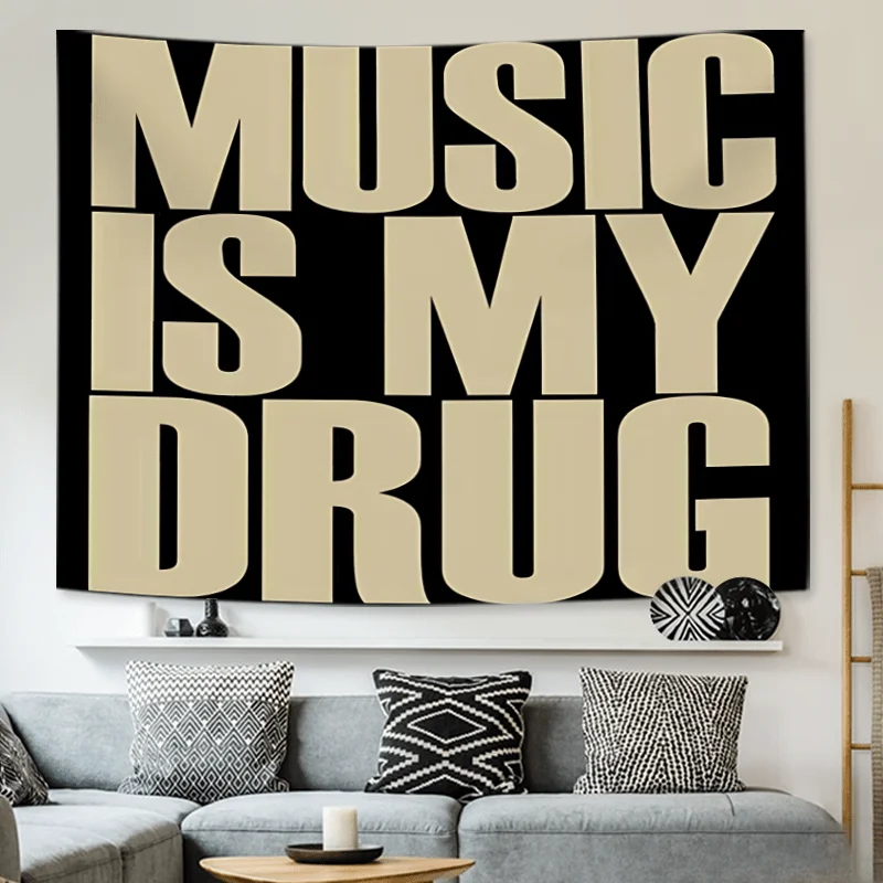 Polyester Tapestry Music Is My Drug Bold Lettering Decorative Wall Hanging for Living Room Bedroom Music Lover Vibe Creating