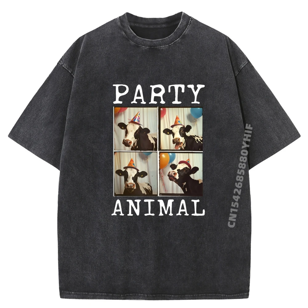 

Cow Face Colorful Farm Animal Party Hat Funny Cow T Shirts For Men Loose Camisetas De Hombre Funny Printed Washed Shirt