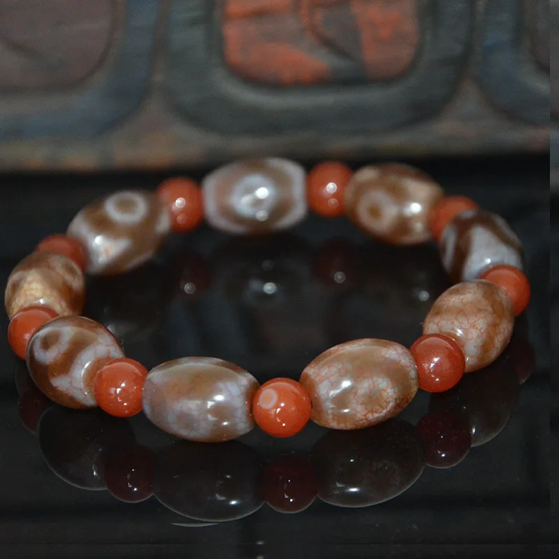 Natural Three-Eye Dzi Bead With Weathered Pattern And Blood Streaks, Tibetan-Style Ethnic Bracelet