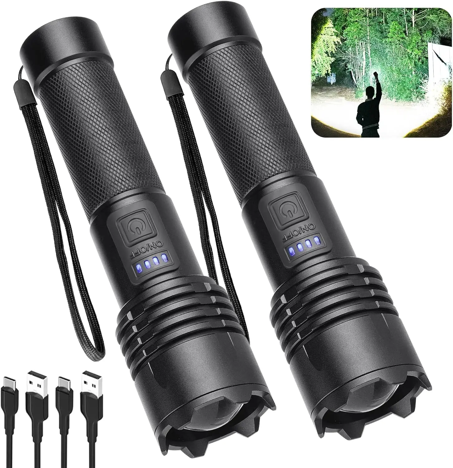 

990000 Lumens Rechargeable Flashlight 2 Pack, Super Bright LED with 3 Modes, IPX6 Waterproof, for Camping Emergency (Black)