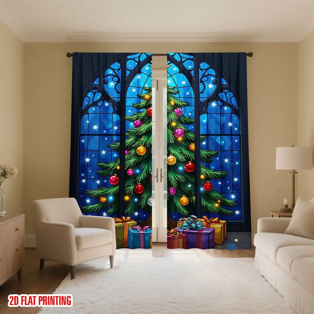 2pcs Stained Glass Christmas Tree Curtains, Vibrant Ornament Gift Design Semi-Translucent for Holiday Decor