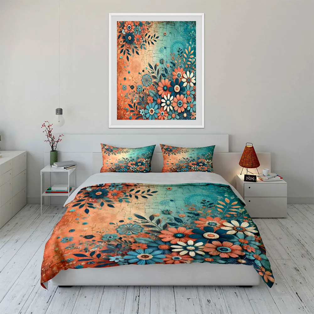 

3Pcs Vintage Floral Bedding Set, Boho Blue & Orange Daisy Print Duvet Cover, gift for kids and adults