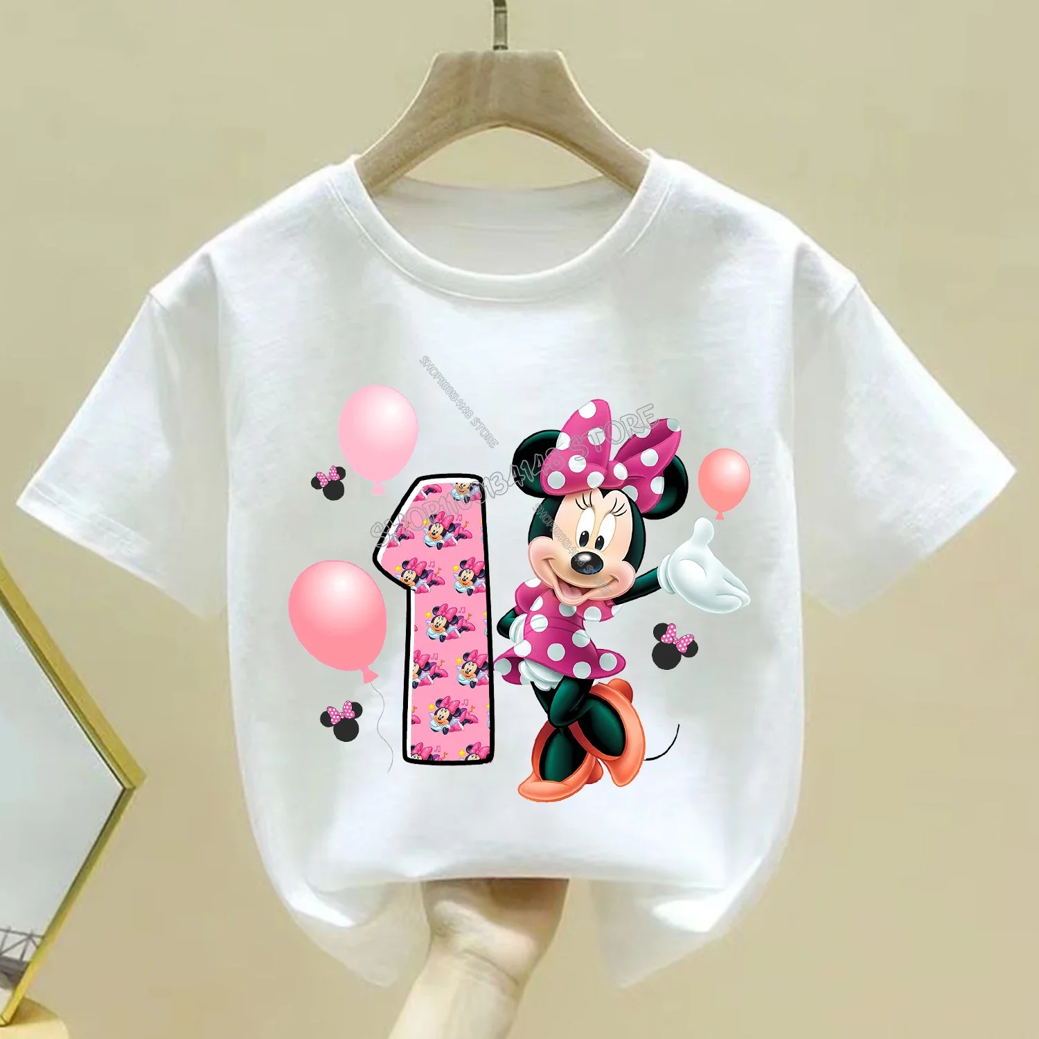 

Disney Minnie Mouse T-shirt Children Birthday Figure Tee Top White Cotton Clothes Fashion Cartoon Short Sleeve Loose Clothing