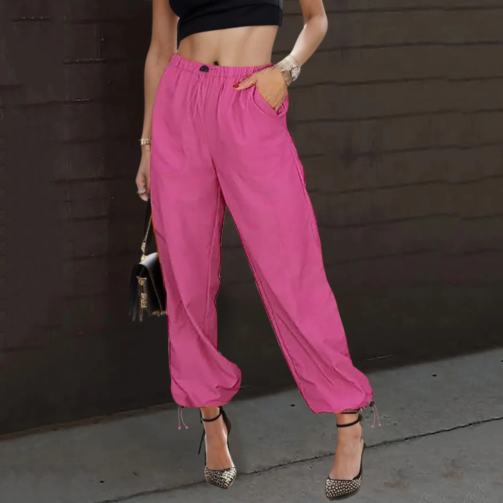 Y2k-pantalones Cargo ajustados de cintura alta para mujer, ropa de calle coreana, pantalones largos holgados, rosa, verano, 2023