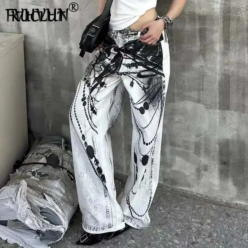 

KUCLUT Fashion Chain Printed Design Contrast Color Jeans For Women Loose High Waist Straight Wide Leg Denim Pants Female 1A43