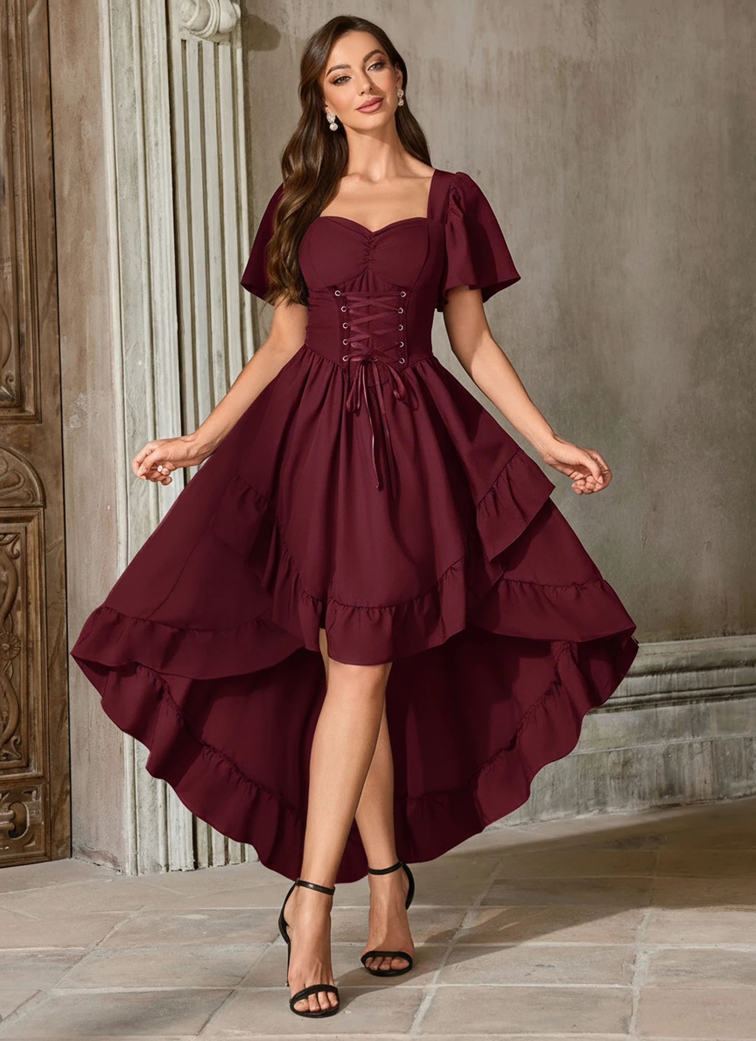 Damen Renaissance Kleid Cottagecore High Low Fashion Kostüm Kleid
