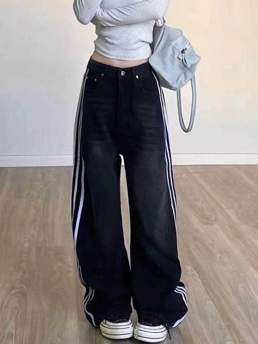 Jeans da donna con design a righe a gamba larga retrò americano a vita alta, vestibilità ampia, dimagranti, taglio dritto, pantaloni in denim autunno nuovo Sle