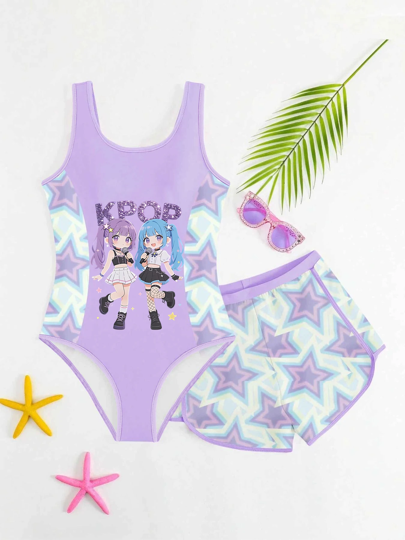 Sweet & Cool Two-piece Swimsuit for Girls, Gradient Pink & Purple with Cartoon Idol Print, Tank Top Style Swimwear with Shorts,
