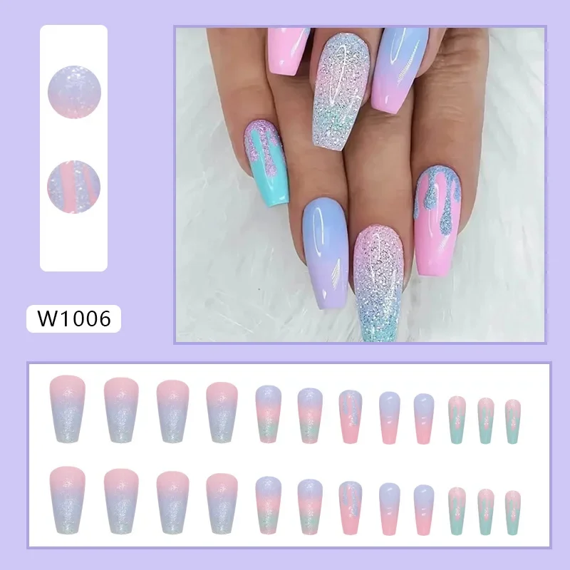 24Pc/set Girl Pink Blue Gradient Long Ballet Fake Nails Acrylic Press on Nail Tips Removable Artificial Wearing False Nails Art