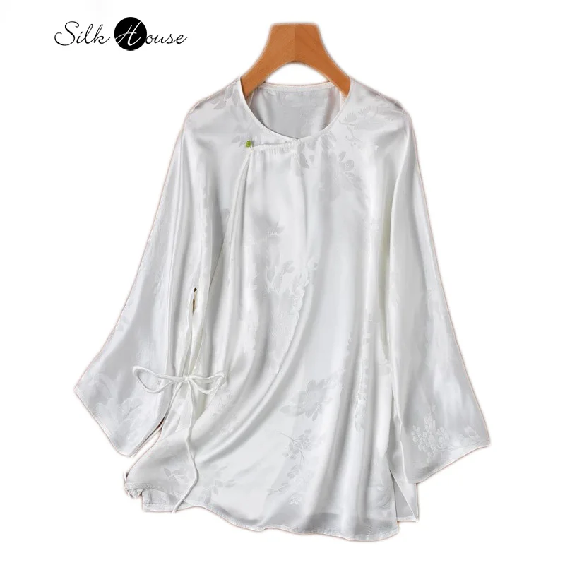 

New Chinese Style 100% Natural Mulberry Silk Jacquard Plain Satin Raglan Sleeves Lace Up Diagonal Collar White Shirt