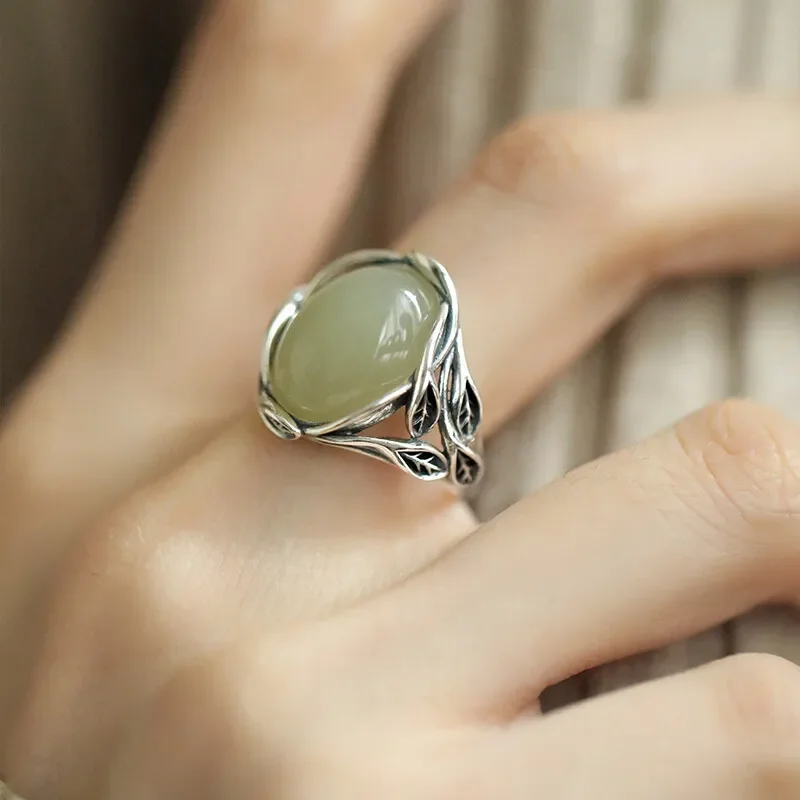 silver Vintage Winding Branch rings for women Natural Hotan Jade Oval Ring Couple Fashion Simple Jewelry Gift adjustable