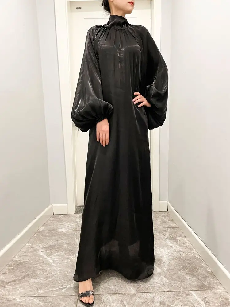 Ramadan Eid Djellaba Muslim Dress Dubai Fashion Elastic Puff Sleeve Soft Shiny Abaya Dubai Turkey Muslim Kimono Islam Robe WY840