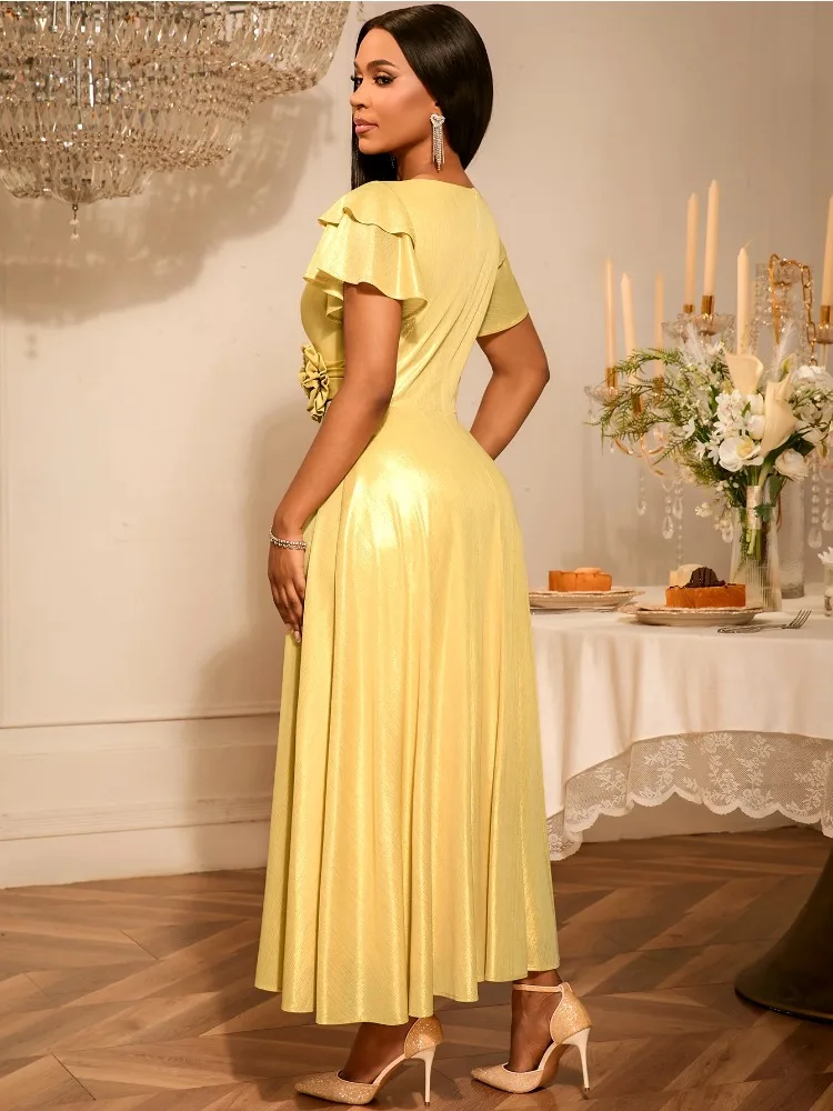 Elegant V Neck Maxi Dress with Butterfly Sleeve 3D Flower Waist Side Slit Perfect for Weddings Galas Showcasing Graceful Style