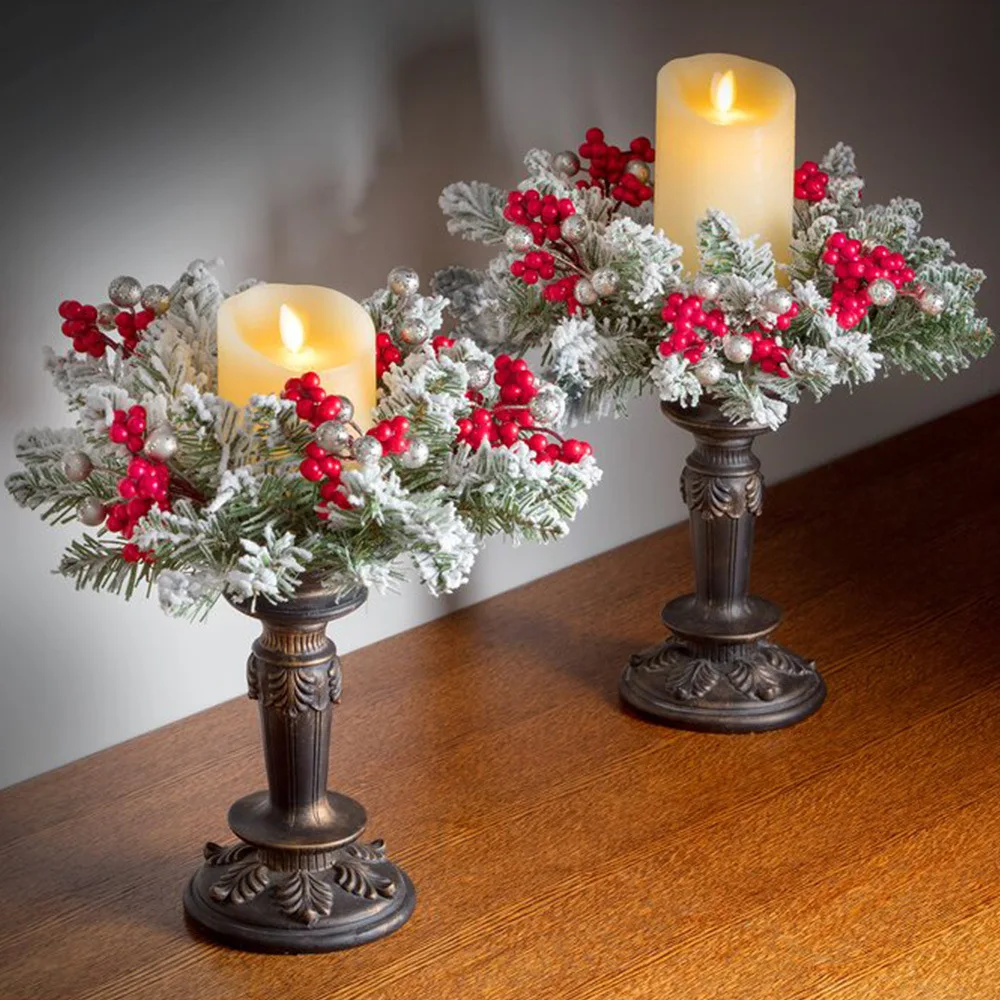 Künstlicher Pflanzenkerzenhalter, Weihnachtskranz, dekorativer Tischdekoration, Urlaubsparty-Zubehör, roter Beerenblatt-Kerzenhalter