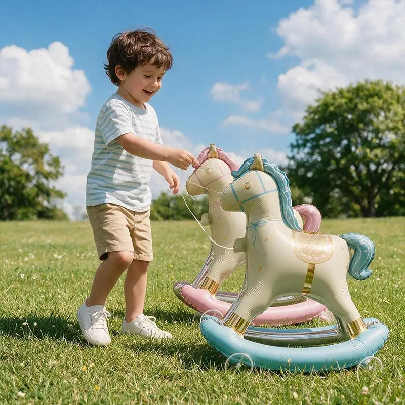 Animal Stand Walking Foil Balloon 1Pcs Cartoon Rocking Horse With Wheel For Kids Party Baby Shower Decor