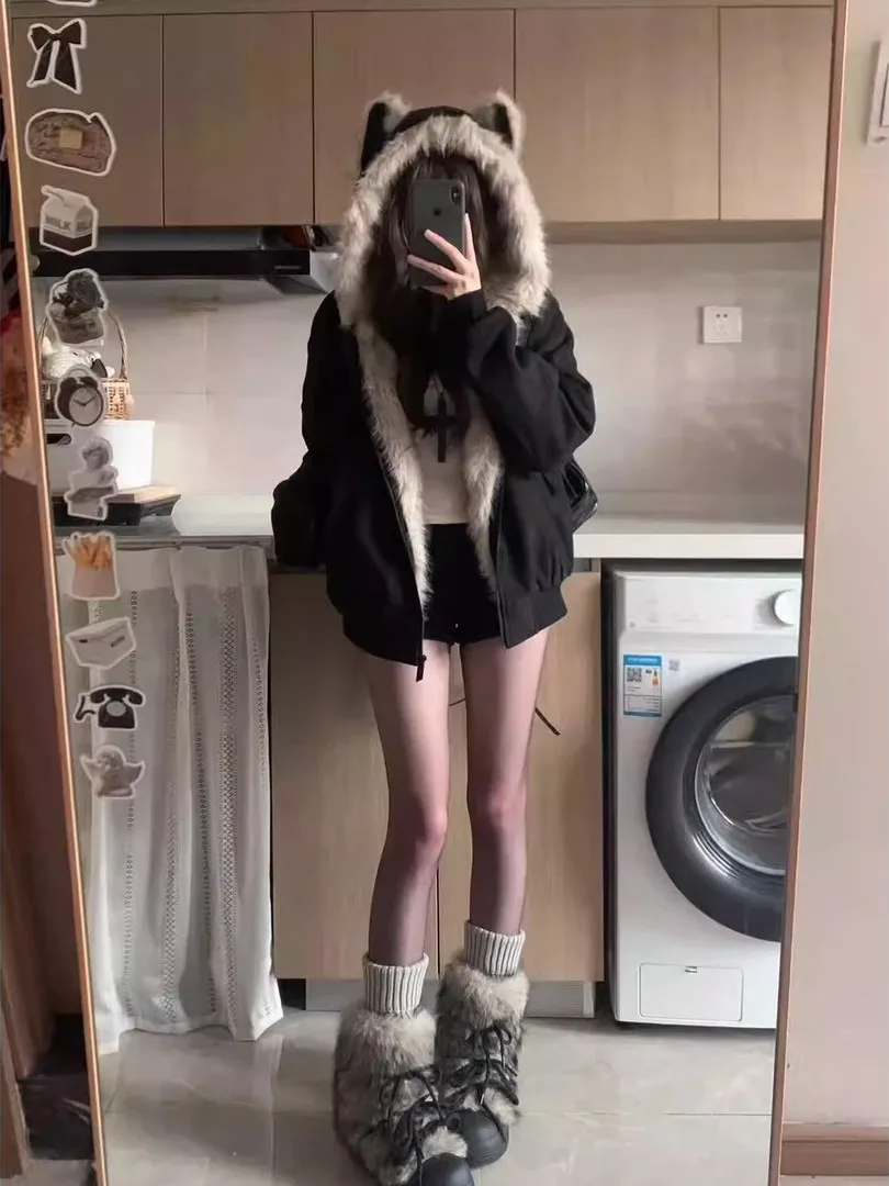 

Autumn Winter New Sle Large Size 300 Pou Loose Faionable Ear Hooded Fur Collar Mountain Eagle Warm Men Women Coupl...