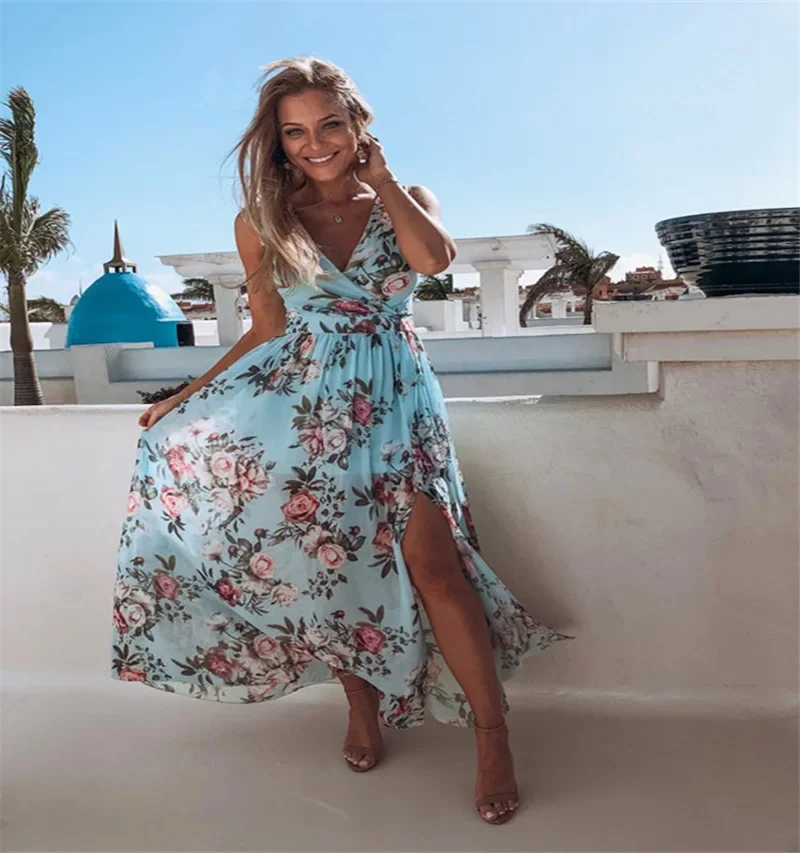 

Printed chiffon dress with sleeveless slit resort beach dress