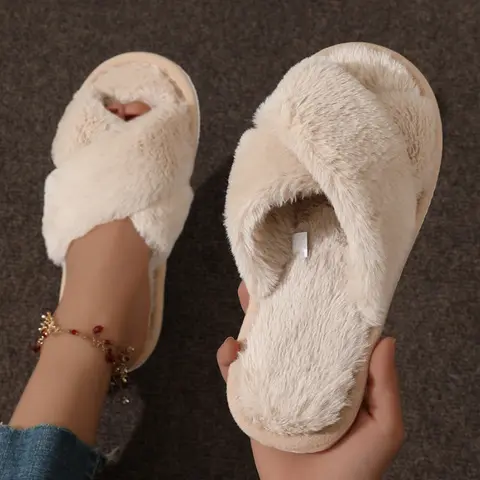 Cross Warm Fluffy Furry Slippers Women Lightweight Flat Heels Fur Slides Woman Autumn Winter Open Toe Non Slip Home Floor Shoes