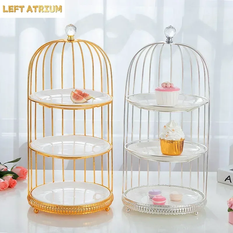 Birdcage Cake Stand Two Floors Three Floors Ceramic Plate Golden Silver Metal Snack Rack Dessert Cake Pastry Tray Display Stand