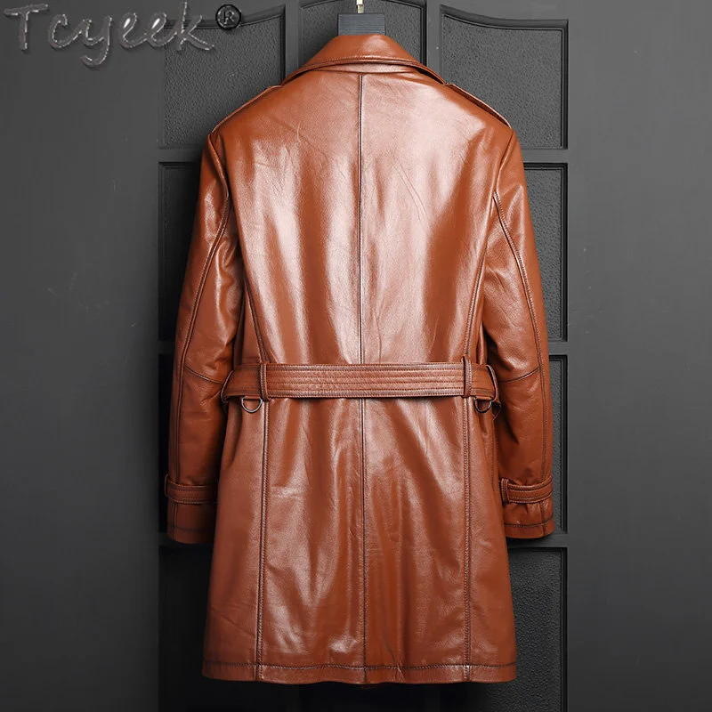 New Real 2023 Leather Jacket Men's Top Layer Cowhide Trenchcoat Leather Down Jacket Male Winter Slim Coat Chaqueta Hombre