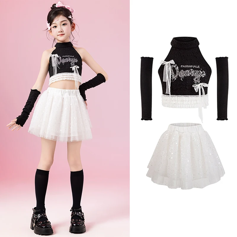 

2025 Summer Jazz Dance Clothes Girls Black Tops Sequin White Skirt Cheerlead Dance Costume Kpop Street Wear Stage Outfit BL16073