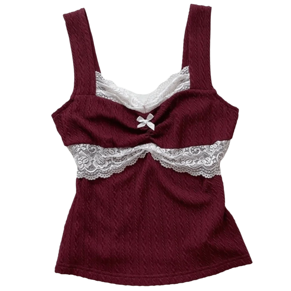 Cute Sweet Bow Decoration Camisole Sleeveless Slim Fit Lace Splicing Vest Patchwork Y2K Crop Top Outdoor Wear