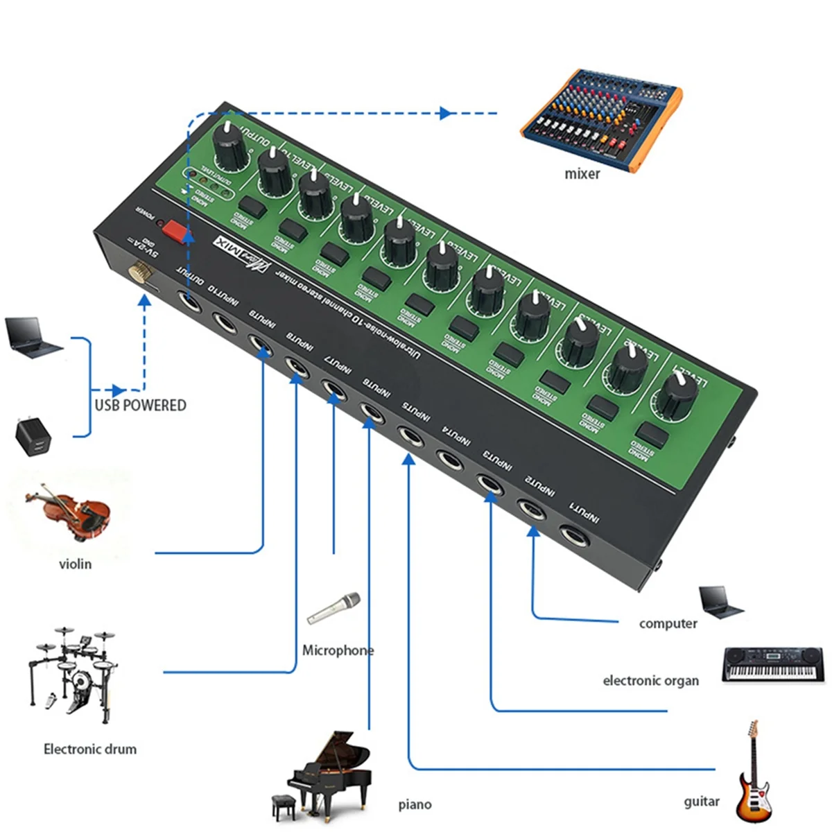 MX1002 10 Channels Stereo Headphone Amplifier Mini Portable Ultra Low Noise Audio Amplifier Earphone Splitter US