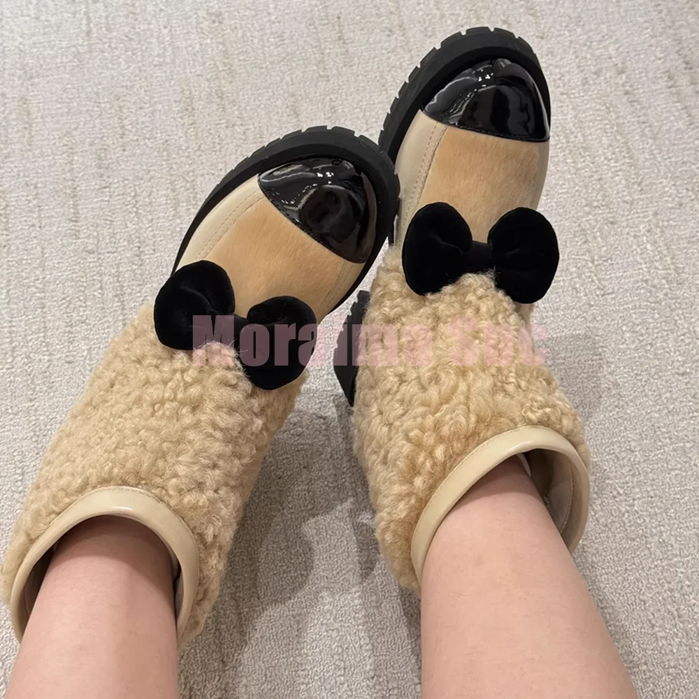

Wool Butterfly Knot Mixed Colors Ankle Boots Round Toe Thick Sole Block Chunky Heel Slip On Fashion Women Short Boots 2026 New