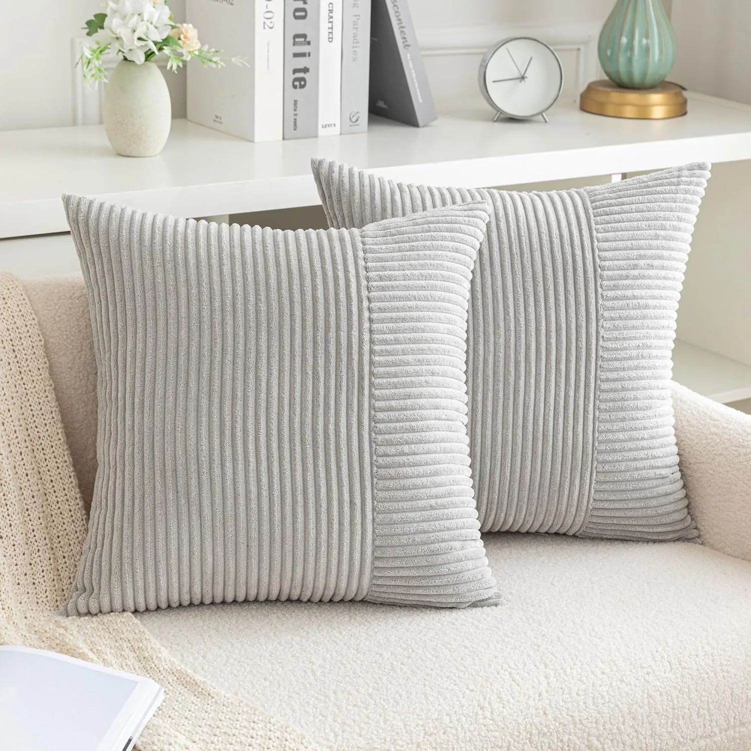 Grey Throw Pillow Covers Soft Striped Square Plush Pillowcase for Home Living Room Sofa Couch Cushion Decor 18x18inch/20x20inch