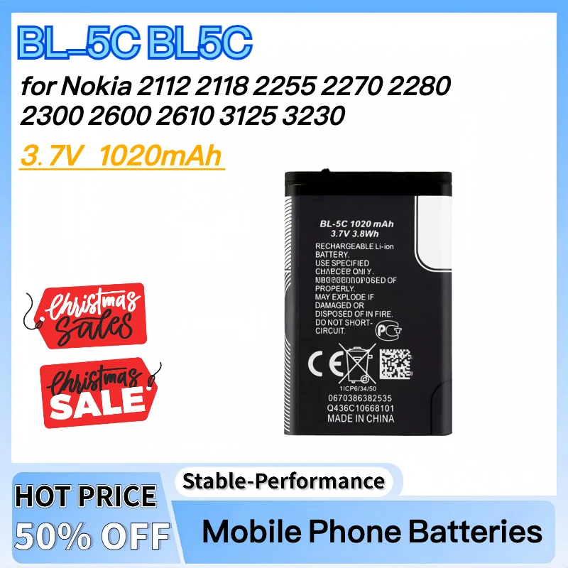 

10Pcs 3.7V 1020mAh Battery BL-5C BL5C BL 5C Rechargeable Batteries for Nokia 2112 2118 2255 2270 2280 2300 2600 2610 3125 3230