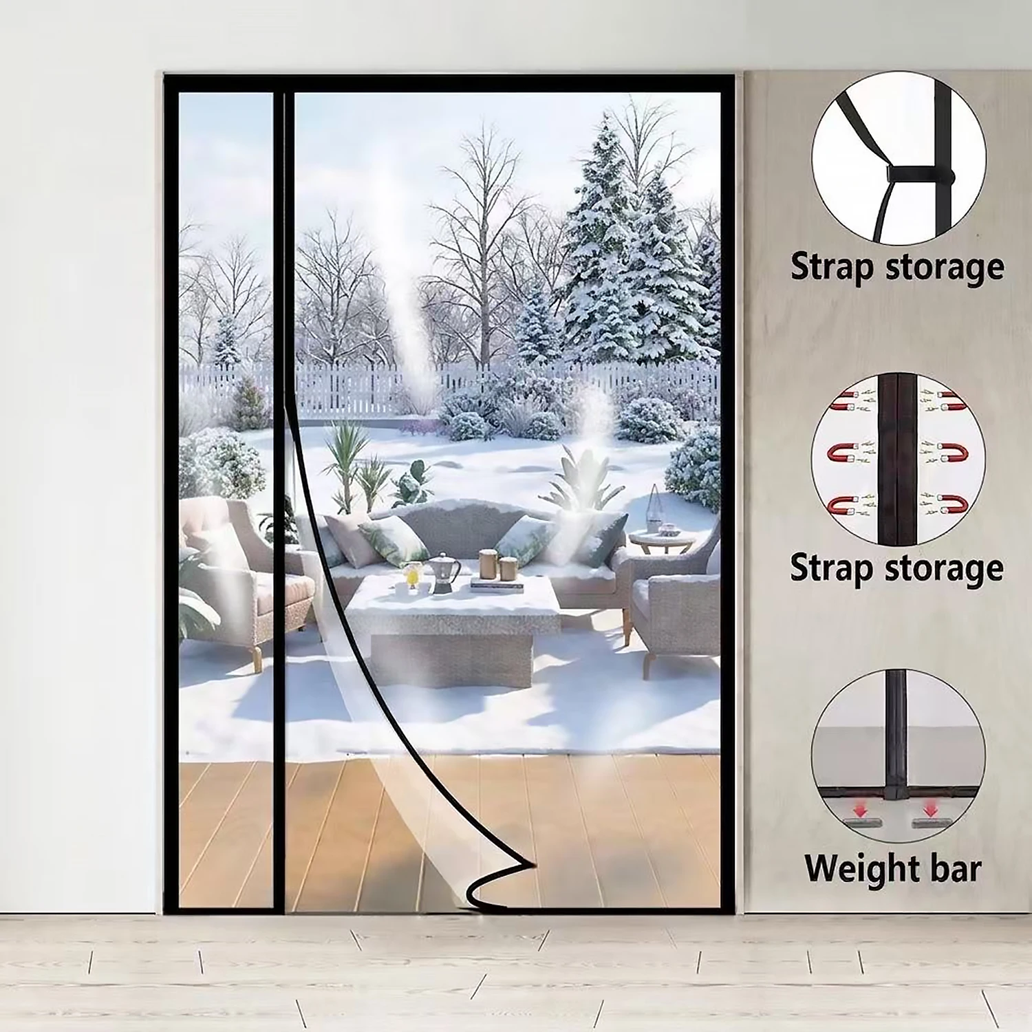 Magnetic Transparent Door Curtain Windproof Warm Side Open Auto Close No Drill Room Partition Pet Friendly Easy to Install Black